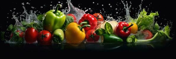 Sortiment von frisch Gemüse fallen in Wasser mit ein groß Spritzen. frisch Gemüse. breit Banner. generativ ai foto