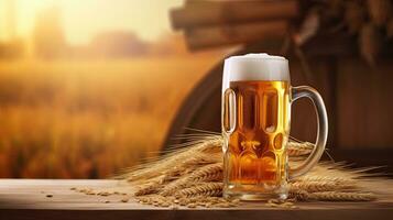 Bier Becher mit auf hölzern Boden, Weizen Feld Hintergrund. generativ ai foto
