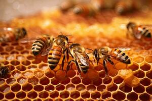 Honigbienen Arbeiten fleißig Innerhalb ihr Bienenstock, sorgfältig basteln Bienenwabe Zellen gefüllt mit glitzernd. Arbeiter Bienen. generativ ai foto