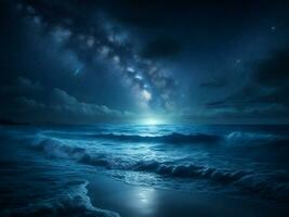 still Nacht Seelandschaft mit funkelnd Wasser und reflektierend Mond, ai generativ foto