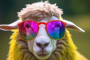 ein Schaf, Regenbogen Farbe von komisch Schaf tragen Sonnenbrille. generativ ai foto