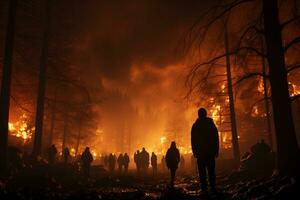 Nachtzeit Wald Feuer, Menschen Silhouetten Aufpassen ai generiert foto