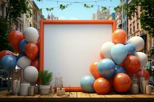 Party Planung, Weiß rahmen, bunt Luftballons, Blau hölzern Tabelle ai generiert foto