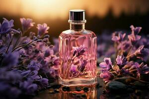 Lavendel Wonne, wesentlich Öle begleiten das Panorama- Schönheit, Aromatherapie Freude ai generiert foto
