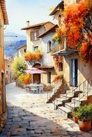 ein malerisch Aquarell Gemälde von ein charmant Mittelmeer Dorf mit beschwingt Herbst Farben Hintergrund mit leeren Raum zum Text foto