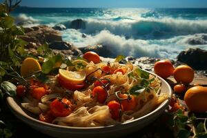 Mittelmeer Stimmung roh Pasta, Kirsche Tomaten, und Pfeffer, Strand Gelassenheit ai generiert foto