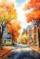 ein beschwingt Aquarell Illustration präsentieren ein gemütlich amerikanisch klein Stadt, Dorf im Herbst mit bunt Blätter und charmant die Architektur foto