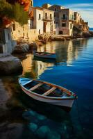 bunt Angeln Boote Linie das malerisch Küste reflektieren das warm Töne von herbstlich Laub im ein charmant Mittelmeer Dorf foto