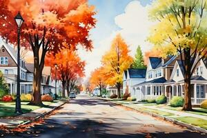 ein beschwingt Aquarell Illustration präsentieren ein gemütlich amerikanisch klein Stadt, Dorf im Herbst mit bunt Blätter und charmant die Architektur foto