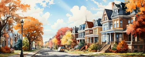 ein beschwingt Aquarell Illustration präsentieren ein gemütlich amerikanisch klein Stadt, Dorf im Herbst mit bunt Blätter und charmant die Architektur foto