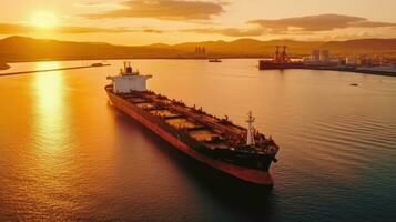 Antenne Aussicht von Tanker Schiff Schiff Entladung beim Hafen, Geschäft importieren Export Öl und Gas petrochemisch mit Tanker Schiff Transport Öl von Dock Raffinerie. generativ ai foto