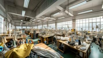 Innere von Kleidungsstück Fabrik Geschäft. Nähen Fabrik. Schneiderei Industrie. foto