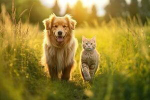 heiter von pelzig freunde Katze und Hund Gehen im ein Sommer- Wiese. generativ ai foto