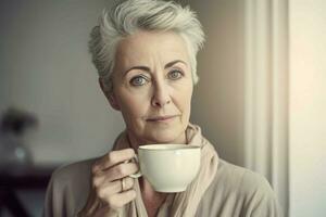 Senior Frau Zuhause Kaffee trinken. generieren ai foto