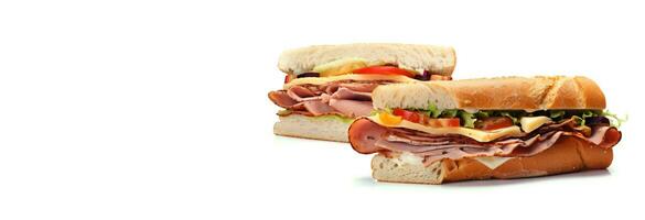frisch Sandwich mit Schinken, Käse, Tomaten, schnell Essen auf Weiß Hintergrund, isolieren. ai generiert. foto