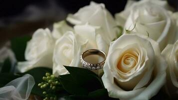 Hochzeit Ringe mit Weiß Rose Blumen auf ein Weiß Schleier, festlich Komposition. ai generiert. foto