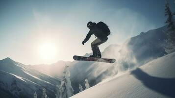 Snowboarder im ein extrem springen sinkt ab von Ski Berg. ai generiert. foto