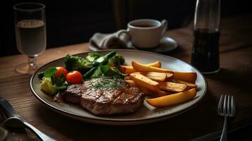 gegrillt Steak, Französisch Fritten und Gemüse, generativ ai foto