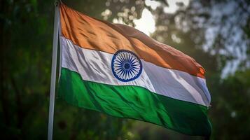 das National Flagge von Indien ist ein horizontal rechteckig dreifarbig von Indien Safran, Weiß und Indien Grün mit das Ashoka chakra, ein 24 Speichen Rad, im Marine Blau beim es ist Center, generativ ai foto