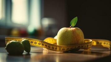 Apfel und Band messen auf das Ernährungsberater Schreibtisch, gesund Diät und Gewicht Verlust Konzept, generativ ai foto