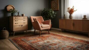 Innere von gemütlich Leben Zimmer mit Sessel, Truhe von Schubladen und Jahrgang Teppich, generativ ai foto