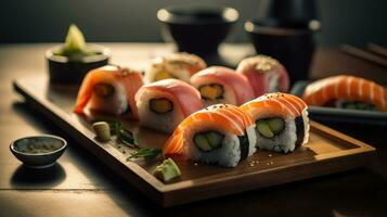 japanisch Sushi Rollen auf ein schwarz Teller, im das Stil von Licht kastanienbraun und Smaragd, sorgfältig fotorealistisch immer noch Leben, generativ ai foto