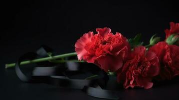 schwarz Beerdigung Band mit Nelke Blumen auf dunkel Hintergrund, ai generativ foto