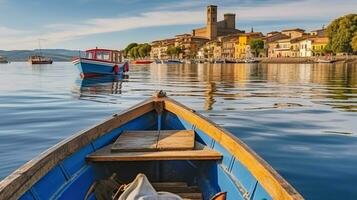 Aussicht durch Boote zu Stadt marta auf See Bolsena im Italien, generativ ai foto