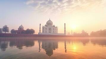 taj Mahal, indisch. Morgen Nebel. Sonnenaufgang. generativ ai. foto