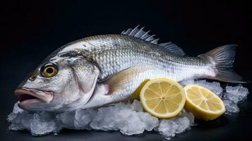 frisch Meer Bass Fisch mit Zitrone auf Eis. Meer Bass Fisch. generativ ai foto