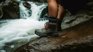ein Wanderer Suche entfaltet sich, durchqueren robust Terrain mit entschlossen Trekking Schuhe. generativ ai foto