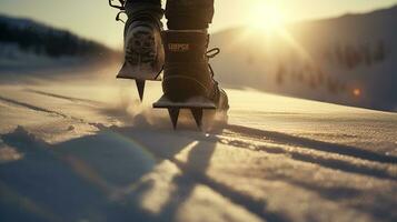 Nahansicht auf das Füße von ein Skifahrer im Ski Stiefel, Gehen gegenüber das Sonne im das Schnee, generativ ai foto