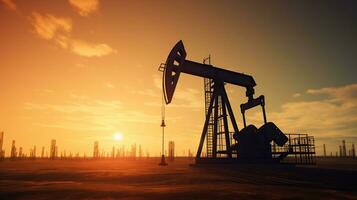 Öl Pumpe Öl rig Energie industriell Maschine zum Petroleum im das Sonnenuntergang Hintergrund zum Design, generativ ai foto
