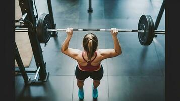 ermächtigt Frau Heben Hantel mit Entschlossenheit im das Fitnessstudio. generativ ai foto