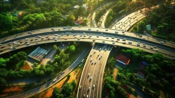 Antenne Aussicht von Auto der Verkehr auf multi Fahrbahn Autobahnen oder Schnellstraßen, der Verkehr im Kreisverkehre ist Teil von täglich Leben. generativ ai foto