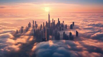 Antenne Aussicht von Dubai, vereinigt arabisch Emirate nebelig Morgen Sonnenaufgang. generativ ai foto