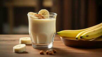 Glas von lecker Vanille Pudding mit Banane auf hölzern Tisch, generativ ai foto
