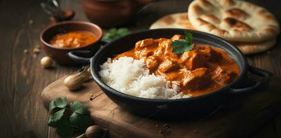 Hähnchen Tikka Masala würzig Curry Fleisch Essen im ein Lehm Teller mit Reis und Naan Brot auf hölzern Hintergrund. generativ ai foto