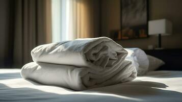Hotel Zimmer mit frisch gemacht Bett, perfekt sauber und gebügelt Blätter, Stapel von Neu gefaltet Handtücher und Single Blume wie Dekoration im natürlich Sonne Licht. generativ ai foto