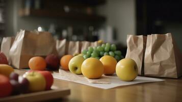 Hintergrund von gesund Lebensmittel. gesund Essen im Papier Taschen von Gemüse und Früchte auf das Tabelle im ein Küche. Supermarkt Konzept Essen Einkaufen, ai generativ foto
