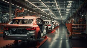 innovativ Technologie und erfahren Arbeit, das Herstellung von ein Auto im ein Produktion Fabrik. generativ ai foto