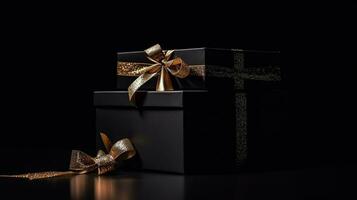 schwarz Freitag Verkauf, Luxus Geschenk Box auf schwarz Hintergrund, generativ ai foto