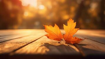 Herbst - - hölzern Tabelle mit Orange Blätter und beim Sonnenuntergang im defokussiert abstrakt Hintergrund, generativ ai foto