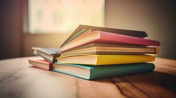 Stapel von Bücher im das farbig Startseite legen und öffnen Buch mit alt Seiten auf das hölzern Tabelle und Pastell- Hintergrund. Bildung Lernen Konzept. generativ ai foto