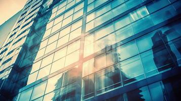 modern Gebäude im das Stadt mit Sonnenlicht. abstrakt Textur und Blau Glas Fassade im modern Büro Gebäude. generativ ai foto