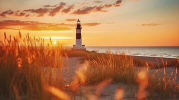 golden Farben von Sonnenuntergang im Szene von Sommer- Strand und Leuchtturm mit beleuchtet Gras, generativ ai foto