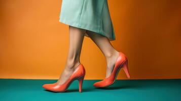 Beine von schön Frau im stilvoll Schuhe auf Farbe Hintergrund, ai generativ foto