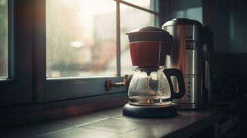 Geysir Kaffee Hersteller auf elektrisch Herd im Küche in der Nähe von Fenster, generativ ai foto