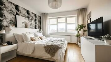 komfortabel Bett mit Weiß Decke und Kissen platziert in der Nähe von Mauer mit Hintergrund gegen Kabinett mit Fernseher im stilvoll Schlafzimmer mit Fenster, generativ ai foto