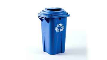 ein Blau recyceln Behälter mit recyceln Symbol isoliert auf Weiß Hintergrund. generativ ai foto